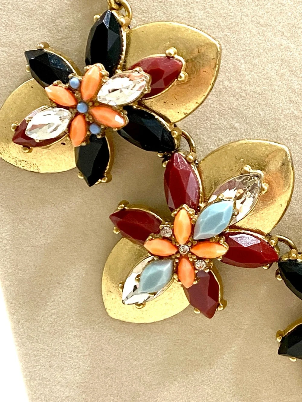 J. Crew Gold Floral Necklace with Black, Red, Orange, Light Blue Accents